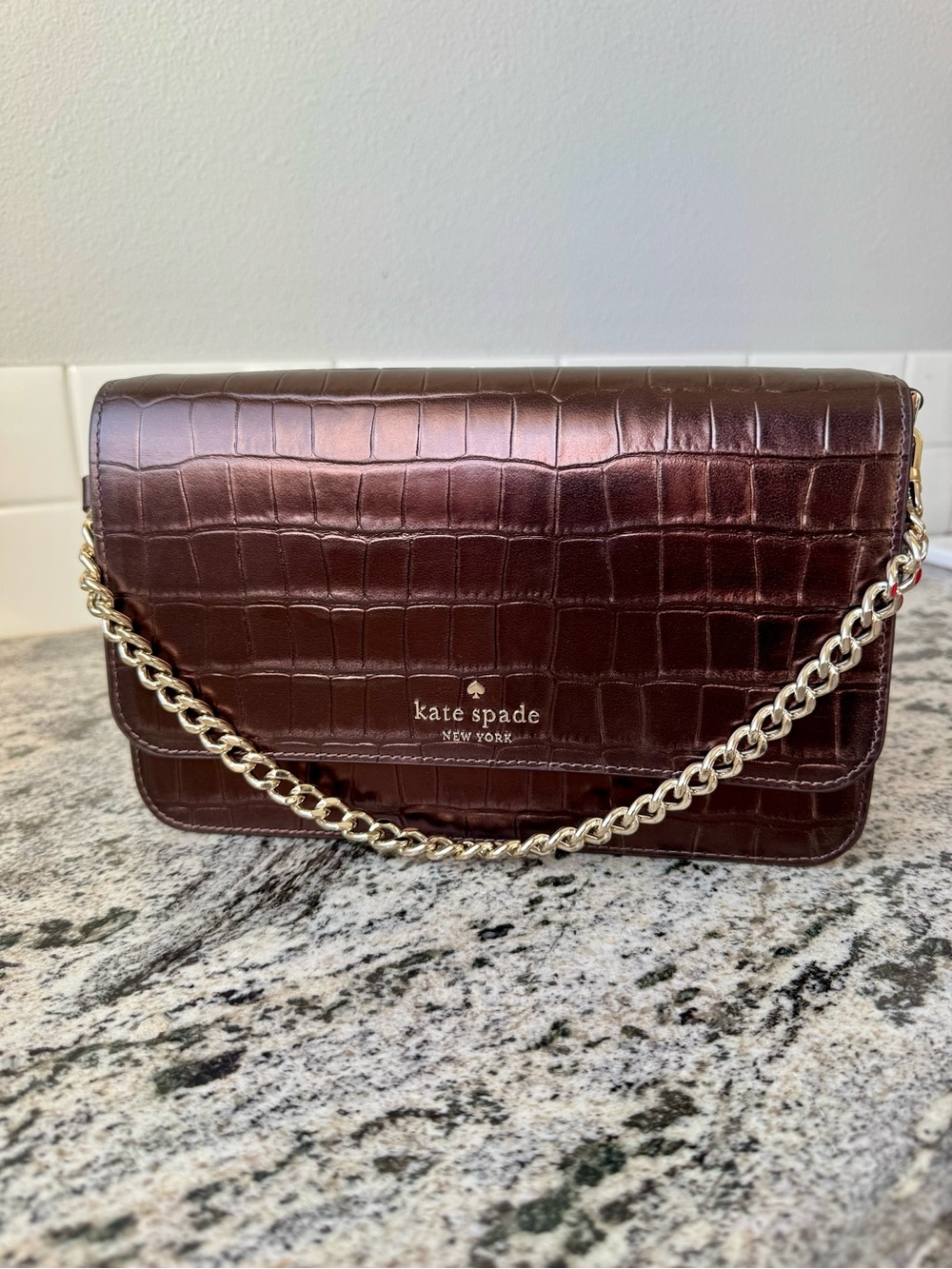 kate spade Madison Metallic Croc-Embossed Medium Glap Crossbody in Hot Fudge EUC